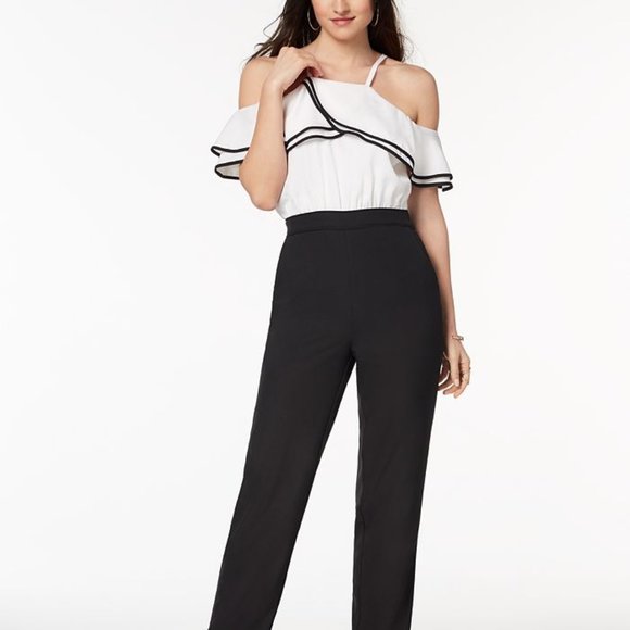 Xoxo Ruffled Cold-Shoulder Jumpsuit, White & Black, Jr Sz Medium - Picture 1 of 3